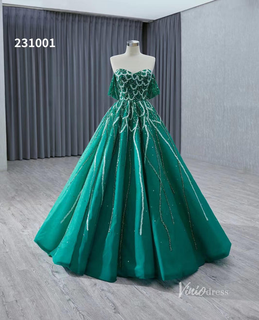 Green Beaded Lace Wedding Dresses Off the Shoulder Quinceanera Dress 231001 - ViniodressQuinceanera DressesGreenCustom Size - Formal Dresses - Ball Gowns