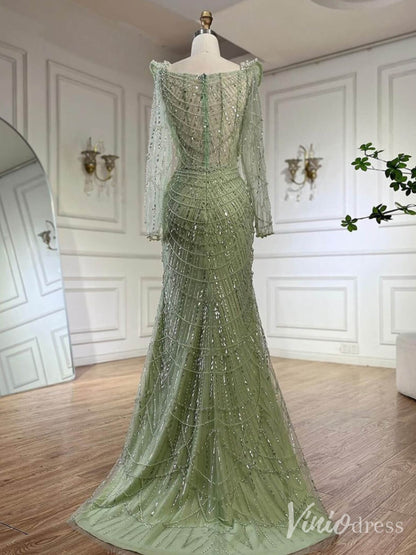 Green Beaded Long Sleeve Prom Dresses Mermaid 20s Evening Gown 20225-Evening Dresses 2025 -Viniodress-Green-US 2-