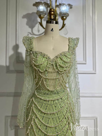 Green Beaded Long Sleeve Prom Dresses Mermaid 20s Evening Gown 20225-Evening Dresses 2025 -Viniodress-Green-US 2-