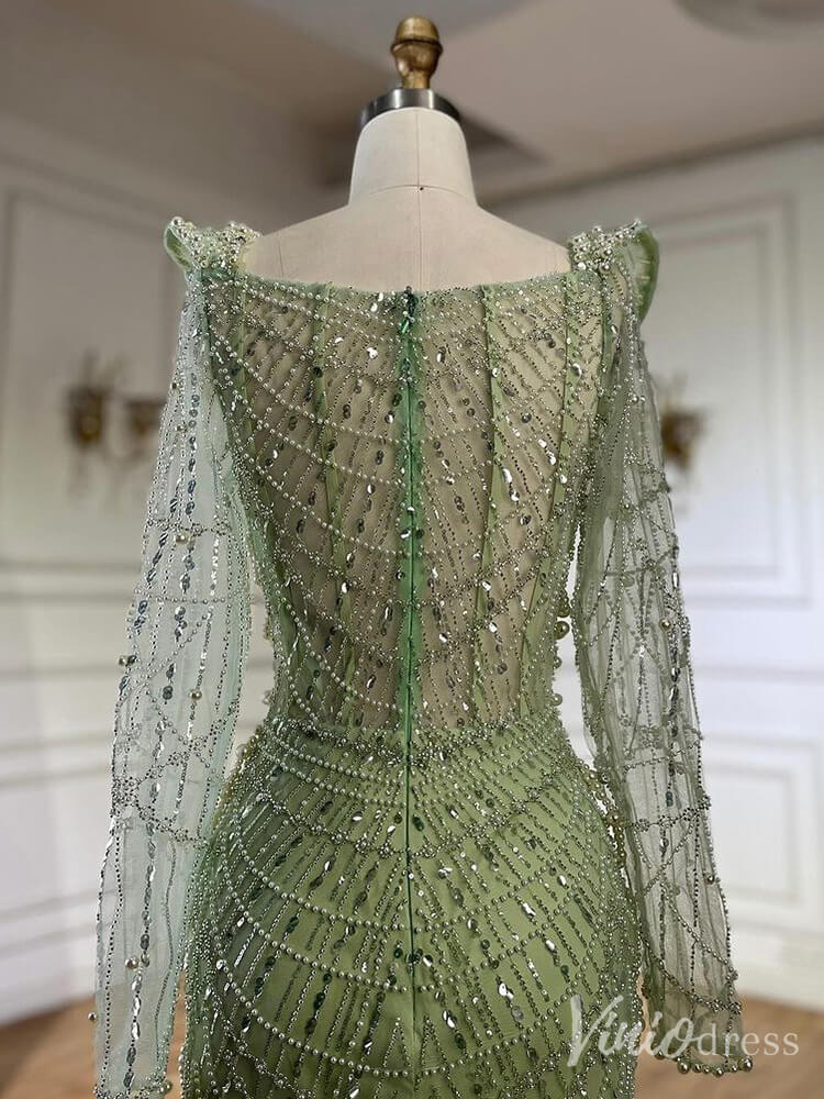 Green Beaded Long Sleeve Prom Dresses Mermaid 20s Evening Gown 20225-prom dresses-Viniodress-Viniodress