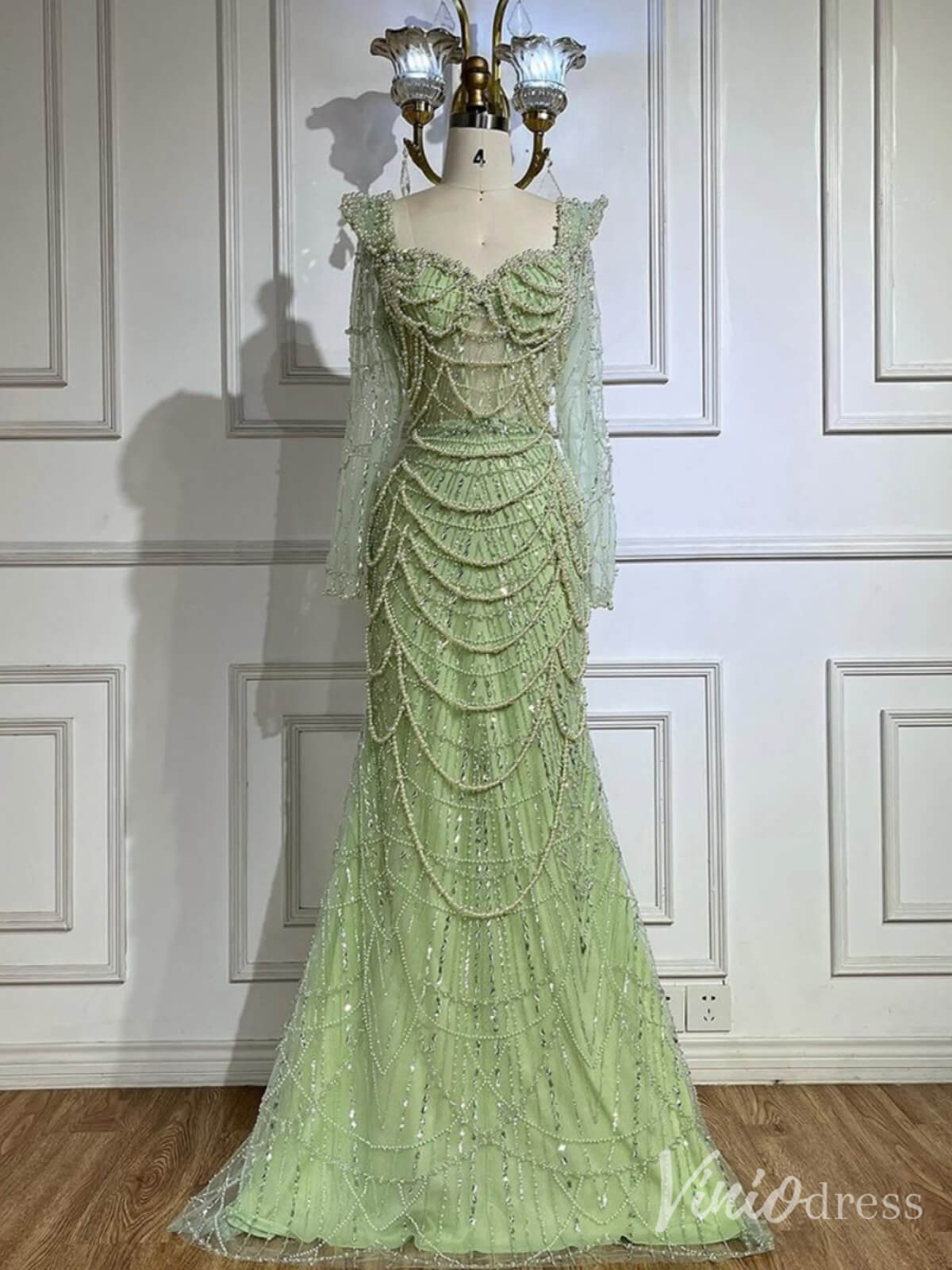 Green Beaded Long Sleeve Prom Dresses Mermaid 20s Evening Gown 20225-prom dresses-Viniodress-Viniodress