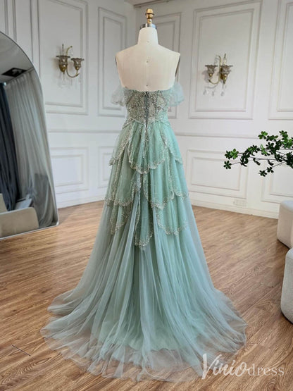 Green Beaded Tiered Prom Dresses Off the Shoulder Evening Gown 20228-Evening Dresses 2025 -Viniodress-Green-US 2-