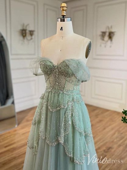 Green Beaded Tiered Prom Dresses Off the Shoulder Evening Gown 20228-Evening Dresses 2025 -Viniodress-Green-US 2-