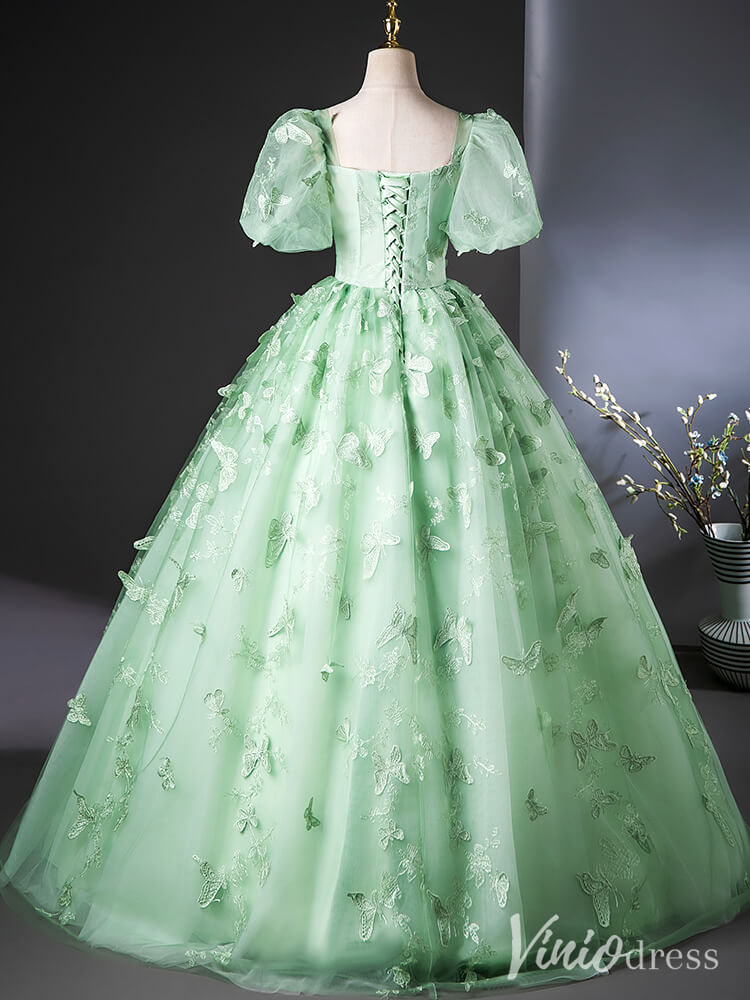 Green Butterfly Lace Applique Quinceanera Dresses Puffed Sleeve Ball Gown AD1379-prom dresses-Viniodress-Viniodress