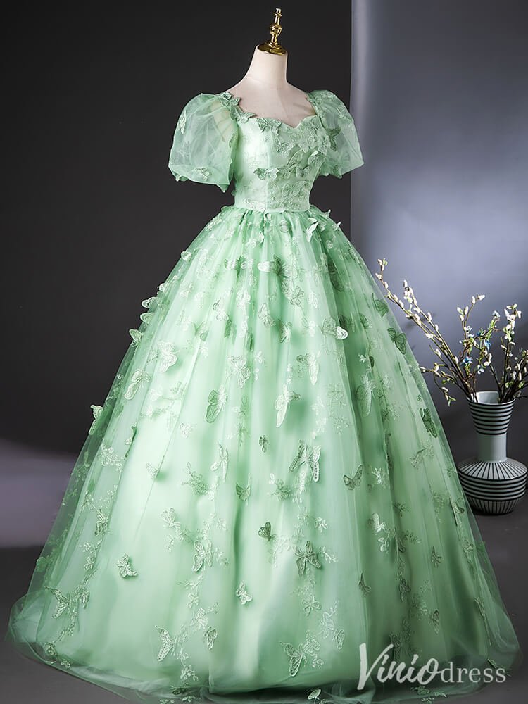 Green Butterfly Lace Applique Quinceanera Dresses Puffed Sleeve Ball Gown AD1379 - Viniodressprom dressesGreenCustom Size - Formal Dresses - Ball Gowns