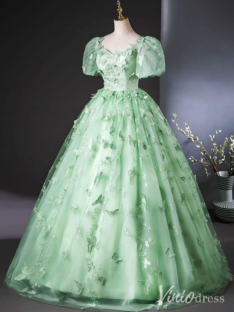 Green Butterfly Lace Applique Quinceanera Dresses Puffed Sleeve Ball Gown AD1379-prom dresses-Viniodress-Viniodress