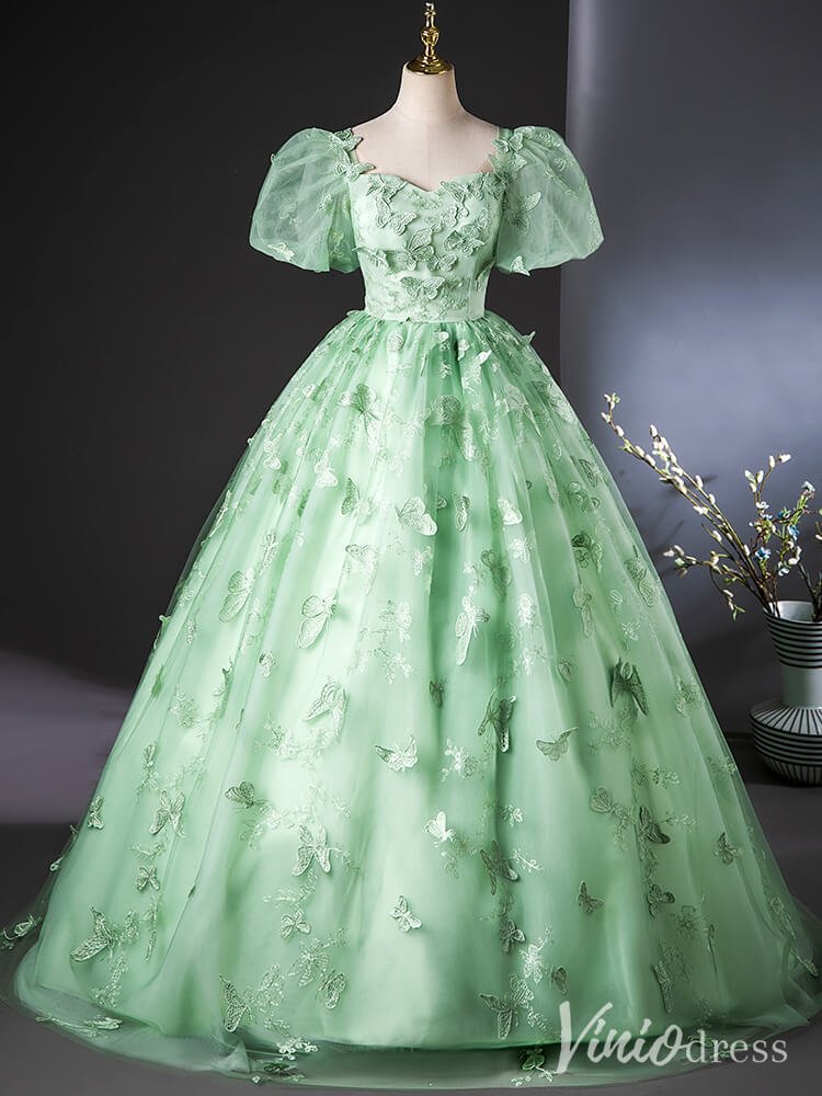 Green Butterfly Lace Applique Quinceanera Dresses Puffed Sleeve Ball Gown AD1379 - Viniodressprom dressesGreenCustom Size - Formal Dresses - Ball Gowns