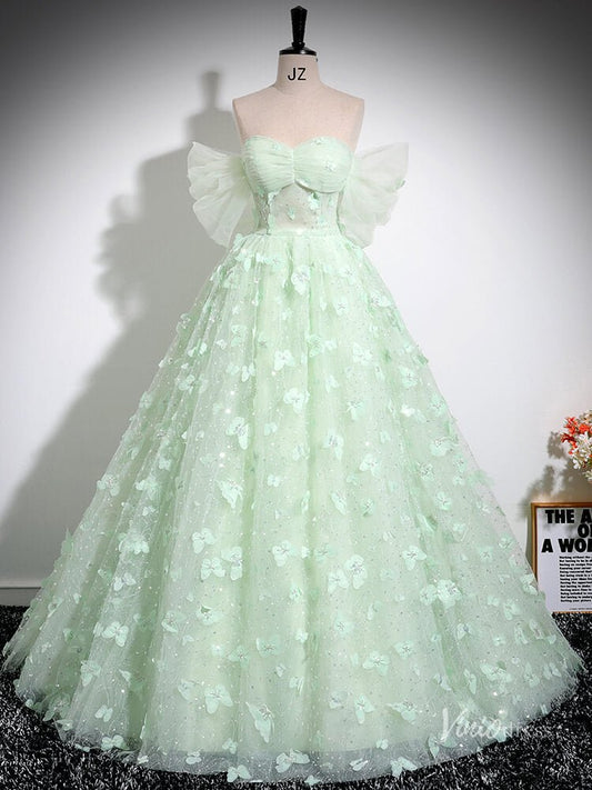 Green Butterfly Off the Shoulder Prom Ball Gown Sparkly Tulle Quinceanera Dresses BG035-prom dresses 2025 -Viniodress-Green-Custom Size-