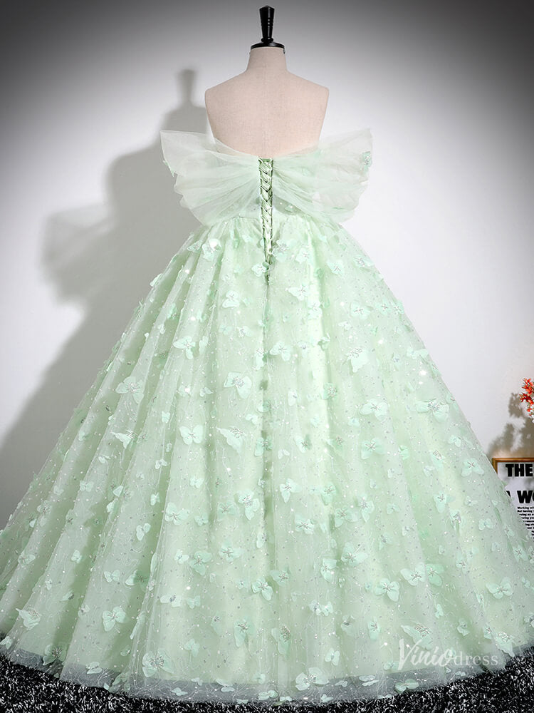 Prom Dress 2025 Green Butterfly Off the Shoulder Prom Ball Gown Sparkly Tulle Quinceanera Dresses BG035-unique prom dresses-Green-Custom Size-Viniodress