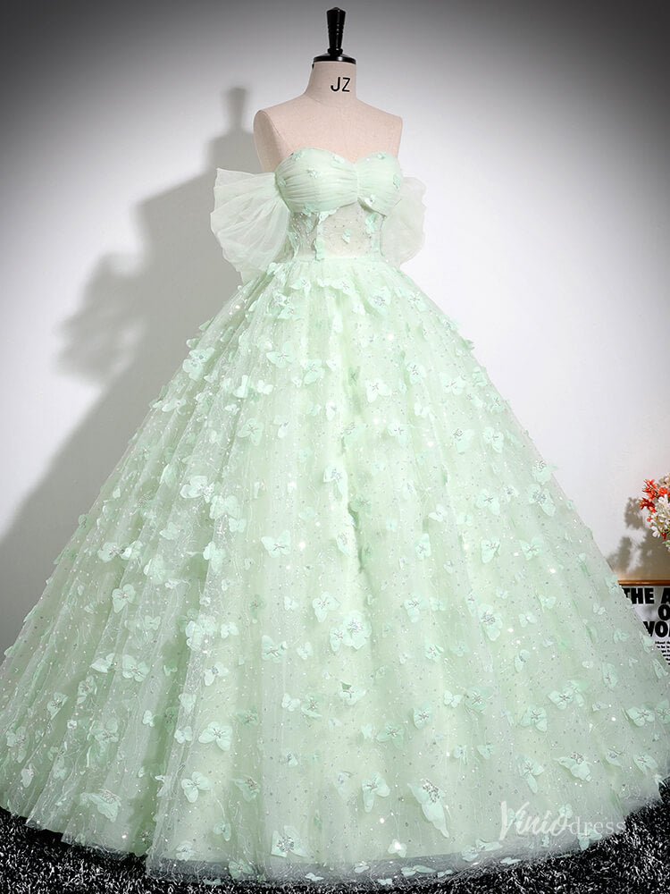 Green Butterfly Off the Shoulder Prom Ball Gown Sparkly Tulle Quinceanera Dresses BG035 - Viniodressprom dressesGreenCustom Size - Formal Dresses - Ball Gowns