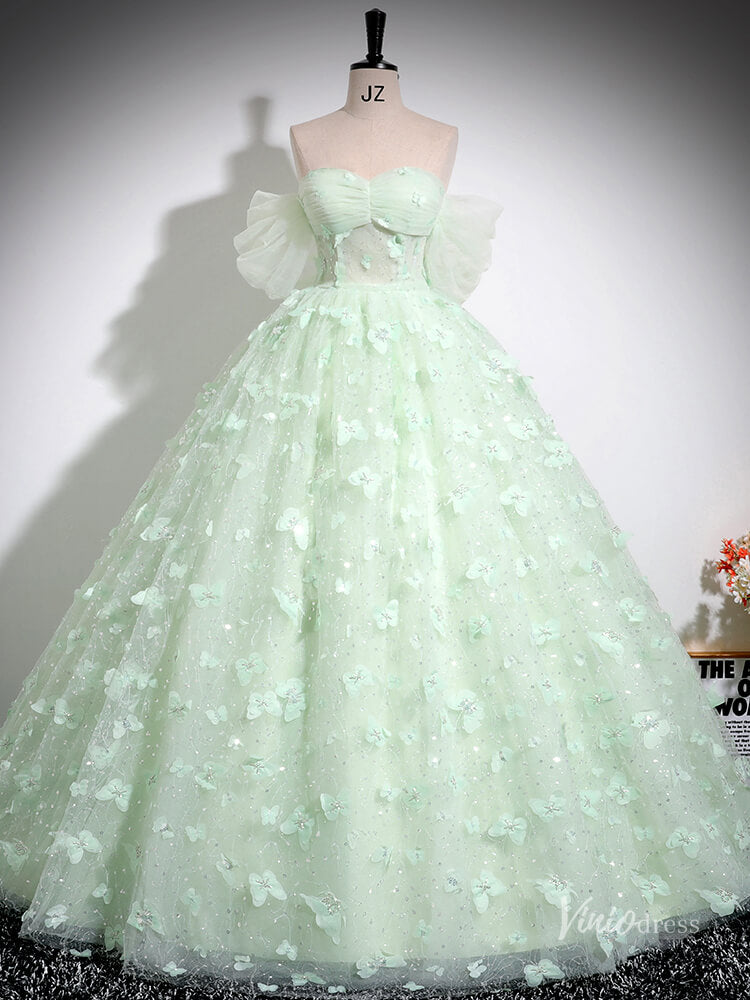 Prom Dress 2025 Green Butterfly Off the Shoulder Prom Ball Gown Sparkly Tulle Quinceanera Dresses BG035-unique prom dresses-Green-Custom Size-Viniodress