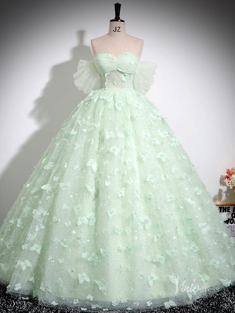 Green Butterfly Off the Shoulder Prom Ball Gown Sparkly Tulle Quinceanera Dresses BG035 - Viniodressprom dressesGreenCustom Size - Formal Dresses - Ball Gowns