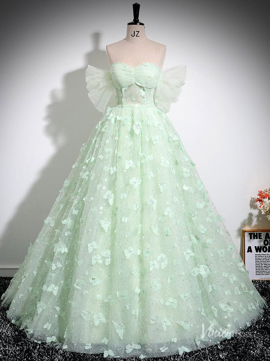 Green Butterfly Off the Shoulder Prom Ball Gown Sparkly Tulle Quinceanera Dresses BG035 - Viniodressprom dressesGreenCustom Size - Formal Dresses - Ball Gowns