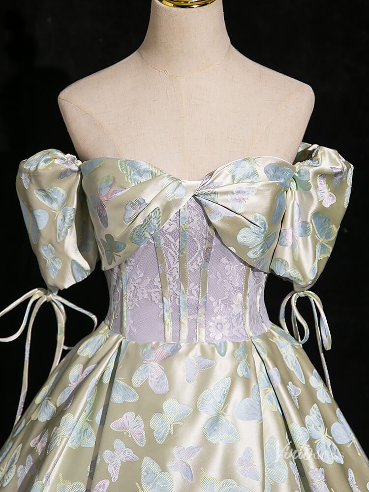 Green Butterfly Satin Prom Ball Gown Puffed Sleeve Quinceanera Dresses BG004-prom dresses 2025 -Viniodress-Green-Custom Size-