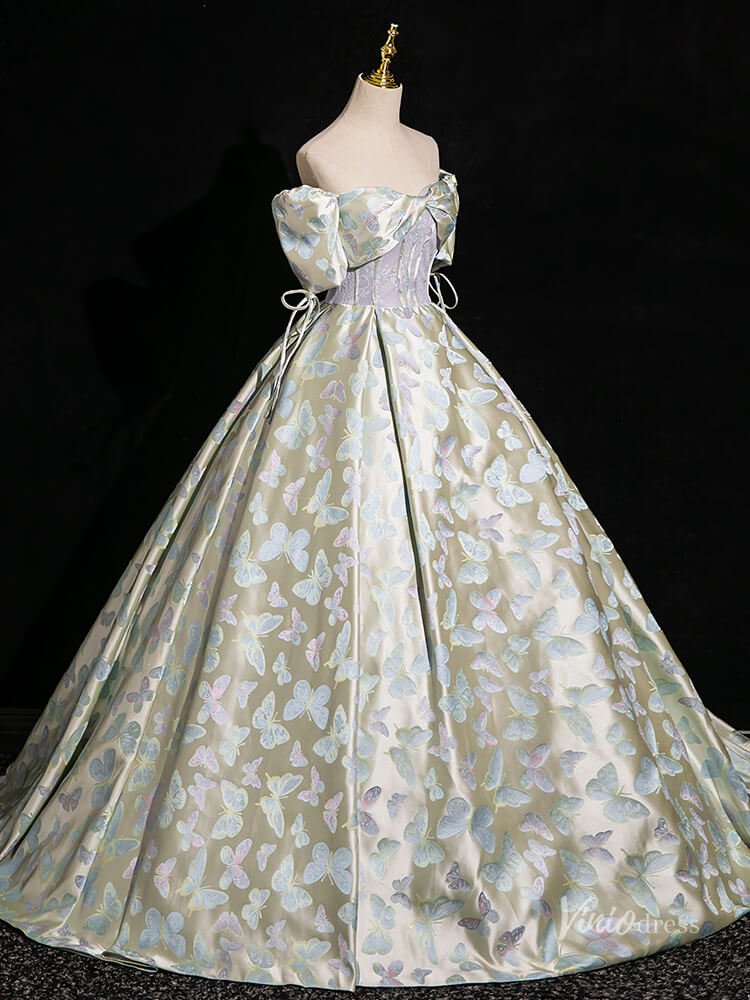 Green Butterfly Satin Prom Ball Gown Puffed Sleeve Quinceanera Dresses BG004-prom dresses 2025 -Viniodress-Green-Custom Size-