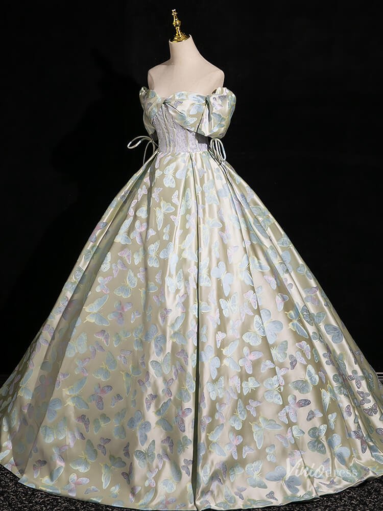 Green Butterfly Satin Prom Ball Gown Puffed Sleeve Quinceanera Dresses BG004-prom dresses 2025 -Viniodress-Green-Custom Size-