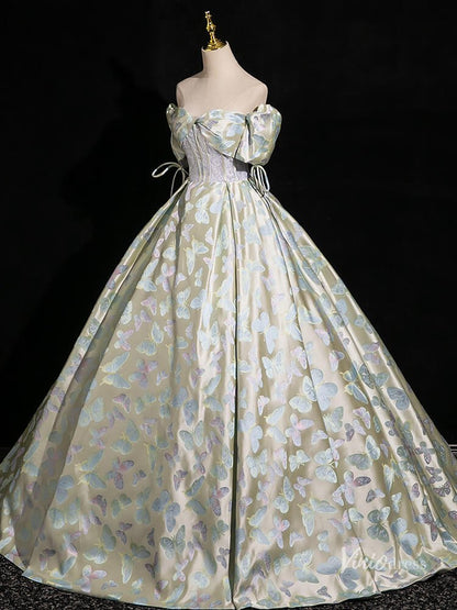 Green Butterfly Satin Prom Ball Gown Puffed Sleeve Quinceanera Dresses BG004-prom dresses 2025 -Viniodress-Green-Custom Size-