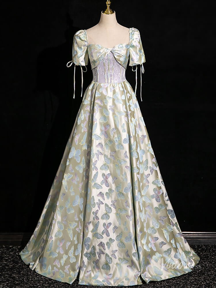 Green Butterfly Satin Prom Ball Gown Puffed Sleeve Quinceanera Dresses BG004-prom dresses 2025 -Viniodress-Green-Custom Size-