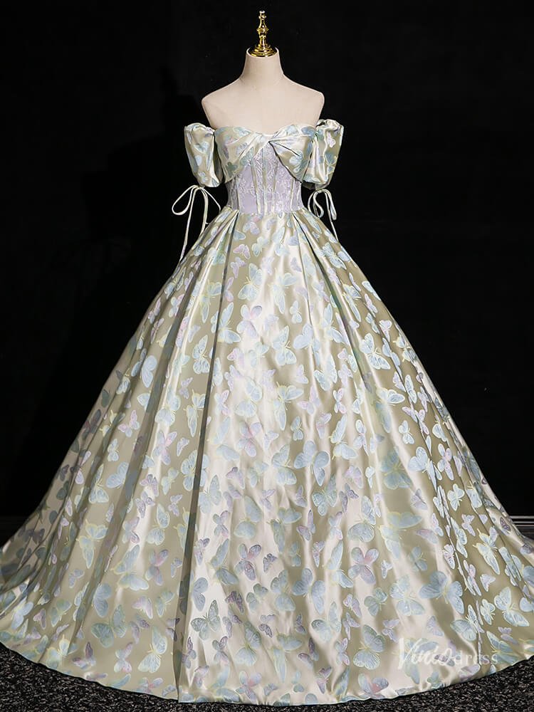 Green Butterfly Satin Prom Ball Gown Puffed Sleeve Quinceanera Dresses BG004-prom dresses 2025 -Viniodress-Green-Custom Size-
