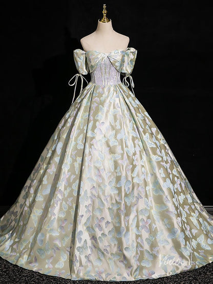 Green Butterfly Satin Prom Ball Gown Puffed Sleeve Quinceanera Dresses BG004-prom dresses 2025 -Viniodress-Green-Custom Size-