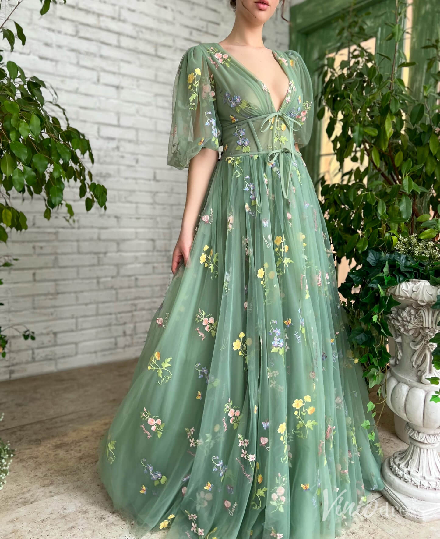 Green Floral Lace Prom Dresses Sheer Half Sleeve V-Neck TO008-prom dresses-Viniodress-Viniodress