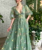 Green Floral Lace Prom Dresses Sheer Half Sleeve V-Neck TO008-prom dresses-Viniodress-Viniodress