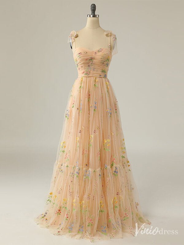 Green Floral Lace Prom Dresses Spaghetti Strap Formal Gown FD4080-prom dresses 2025 -Viniodress-Champagne-Custom Size-