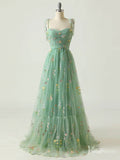 Green Floral Lace Prom Dresses Spaghetti Strap Formal Gown FD4080