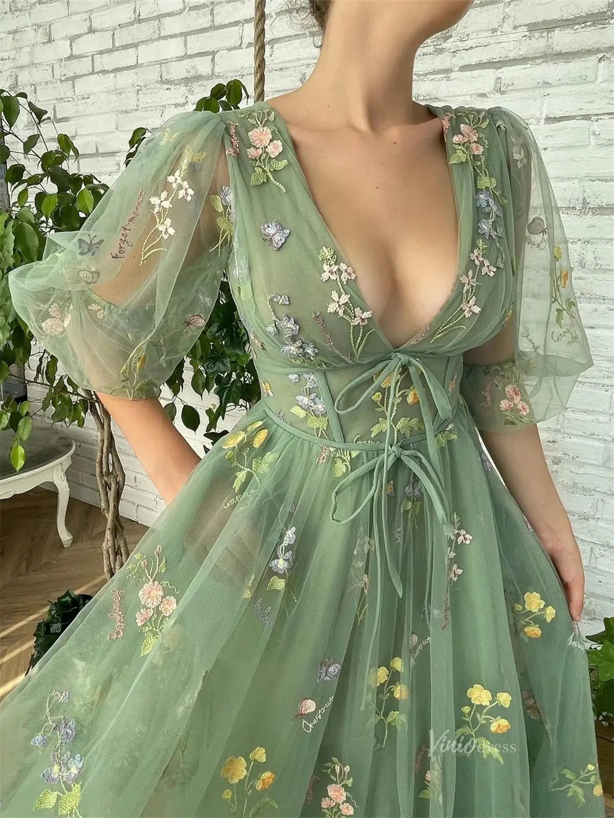 Green Floral Lace Prom Dresses with Sheer Puffed Sleeves, V - Neck & Pockets - TO008C - Viniodressprom dressesGreenCustom Size - Formal Dresses - Ball Gowns