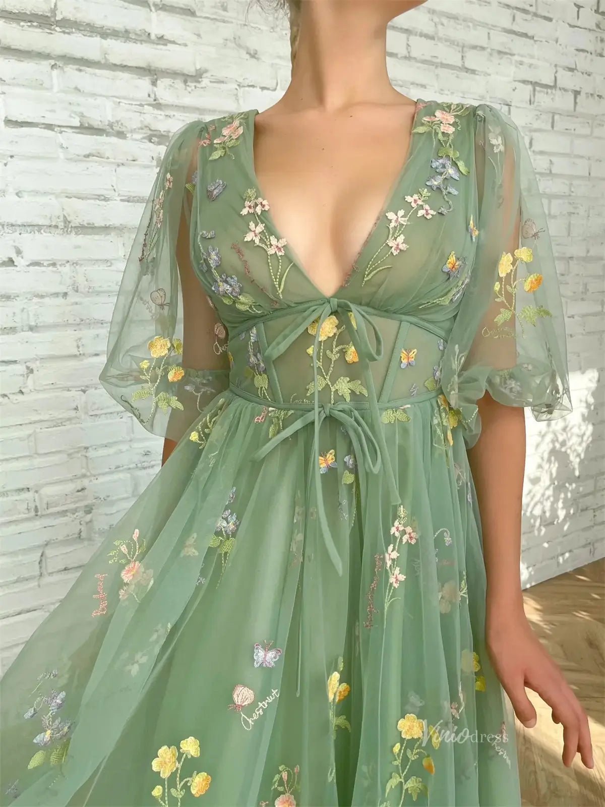 Green Floral Lace Prom Dresses with Sheer Puffed Sleeves, V - Neck & Pockets - TO008C - Viniodressprom dressesGreenCustom Size - Formal Dresses - Ball Gowns