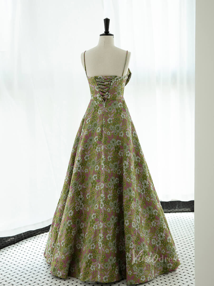 Green Floral Print Prom Dresses Spaghetti Strap Formal Dress AD1076-prom dresses-Viniodress-Viniodress