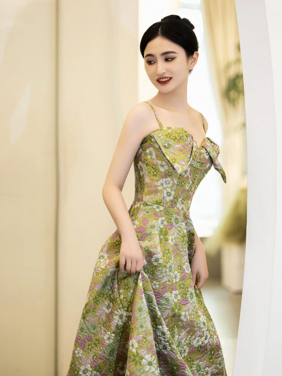 Green Floral Print Prom Dresses Spaghetti Strap Formal Dress AD1076 - Viniodressprom dressesGreenCustom Size - Formal Dresses - Ball Gowns