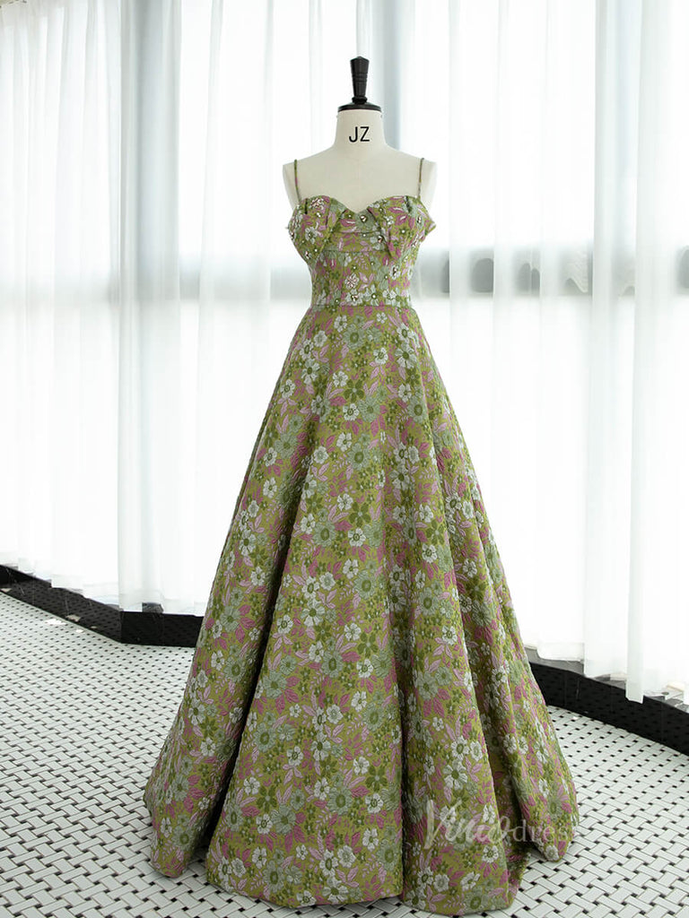 Green Floral Print Prom Dresses Spaghetti Strap Formal Dress AD1076