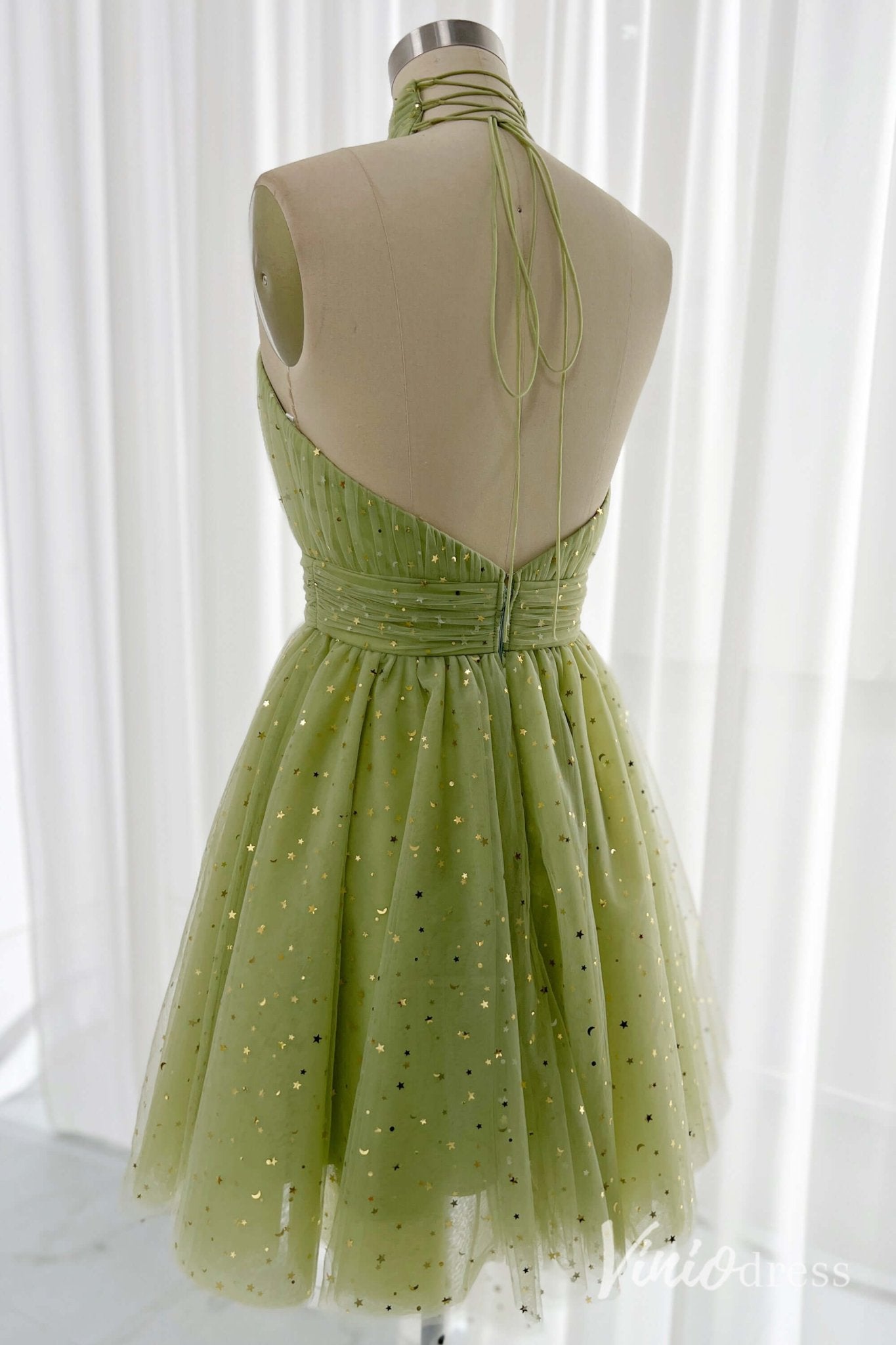 Green Halter Neck Homecoming Dresses Starry Tulle Back to School Dress S24084-Homecoming Dresses 2025 -Viniodress-Green-Custom Size-