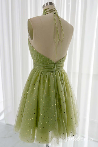 Green Halter Neck Homecoming Dresses Starry Tulle Back to School Dress S24084-Homecoming Dresses 2025 -Viniodress-Green-Custom Size-