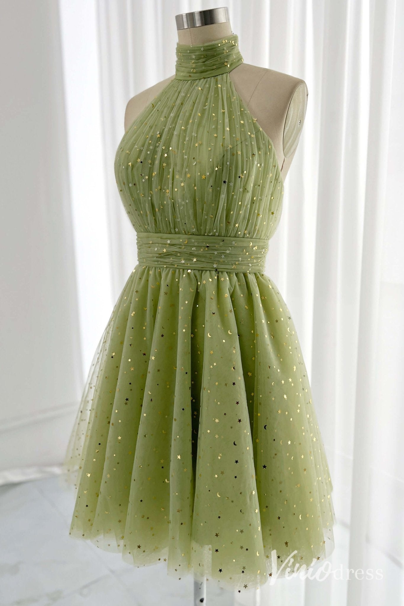 Green Halter Neck Homecoming Dresses Starry Tulle Back to School Dress S24084-Homecoming Dresses 2025 -Viniodress-Green-Custom Size-