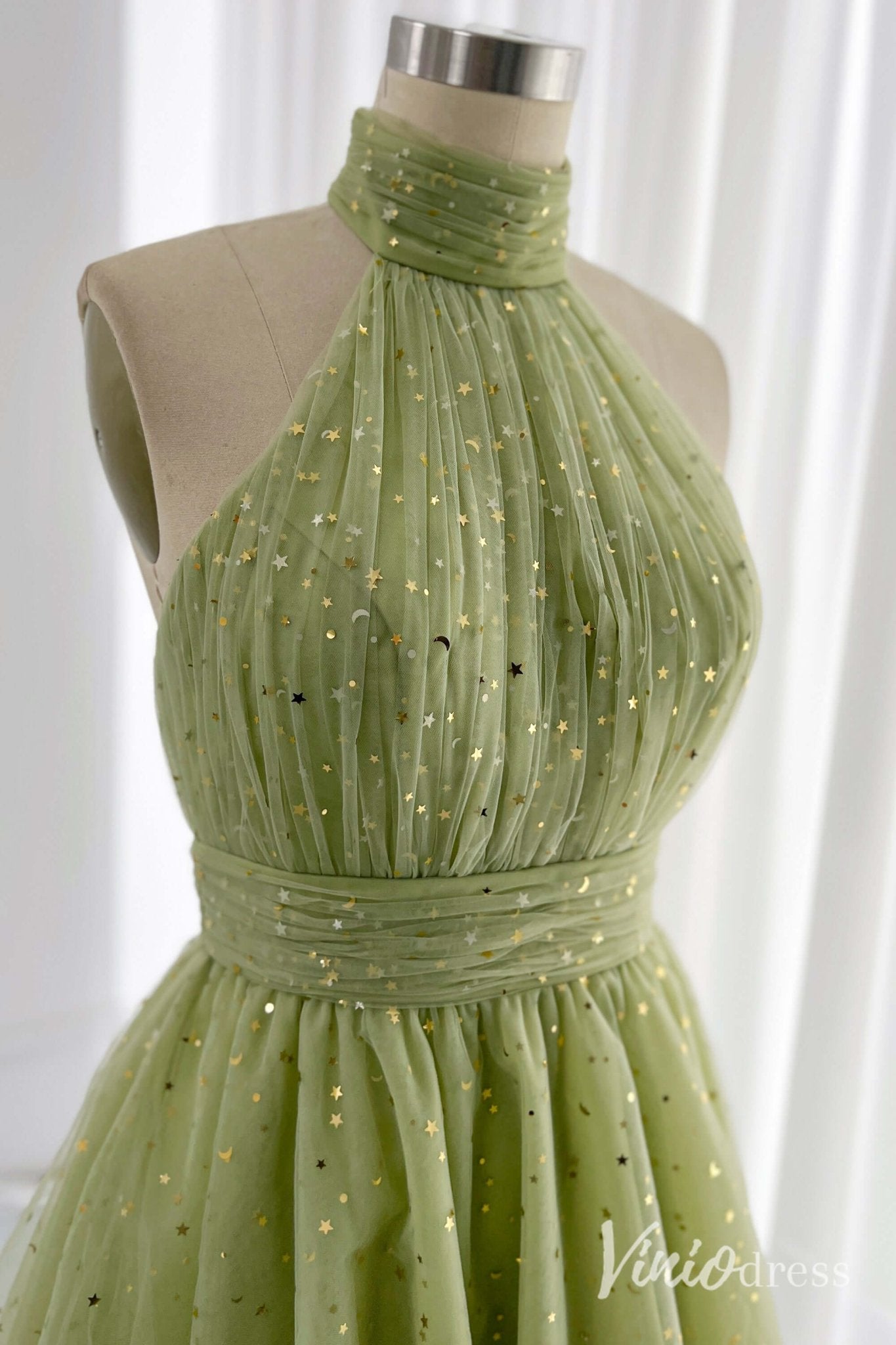 Green Halter Neck Homecoming Dresses Starry Tulle Back to School Dress S24084-Homecoming Dresses 2025 -Viniodress-Green-Custom Size-
