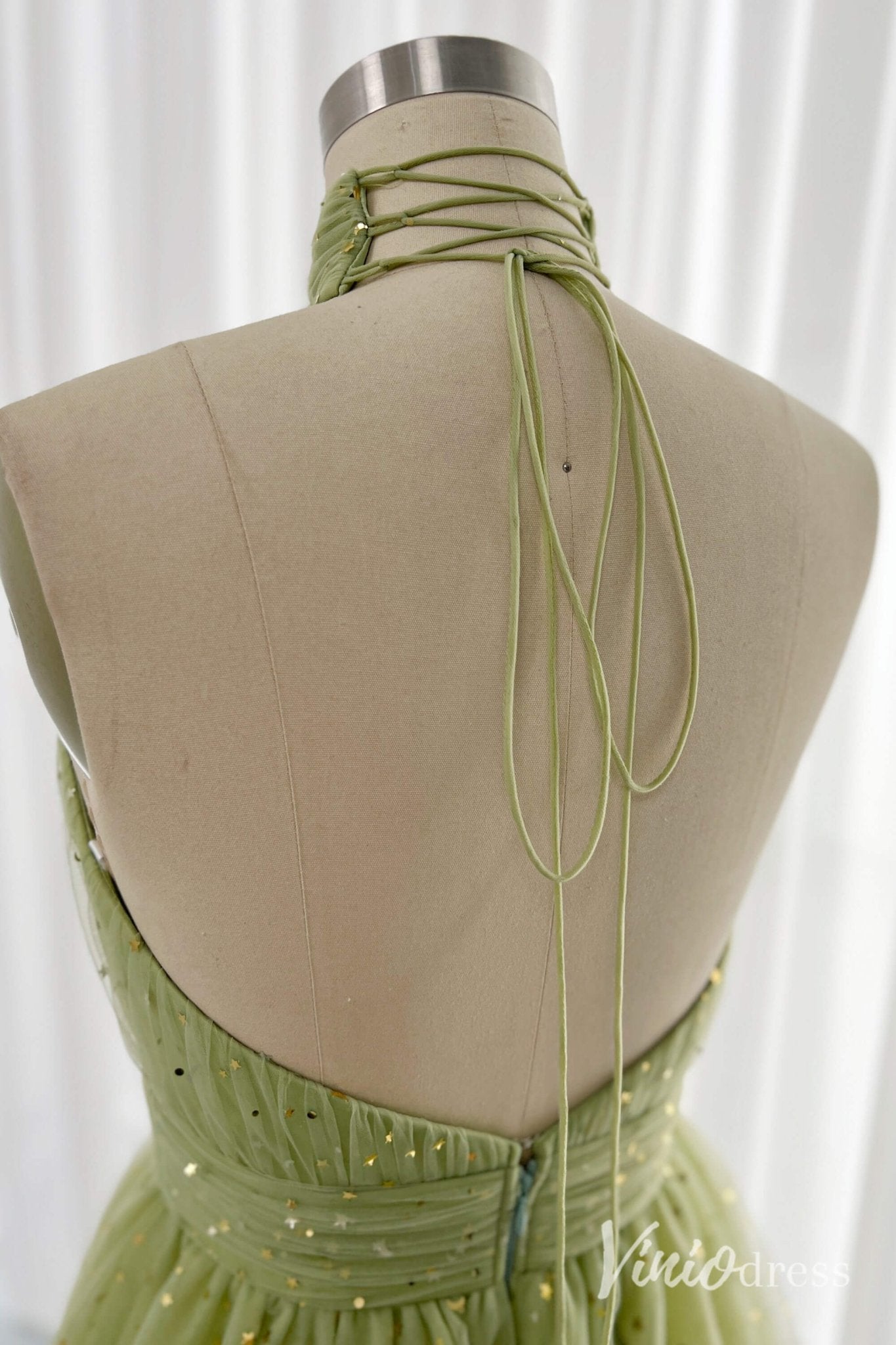 Green Halter Neck Homecoming Dresses Starry Tulle Back to School Dress S24084-Homecoming Dresses 2025 -Viniodress-Green-Custom Size-