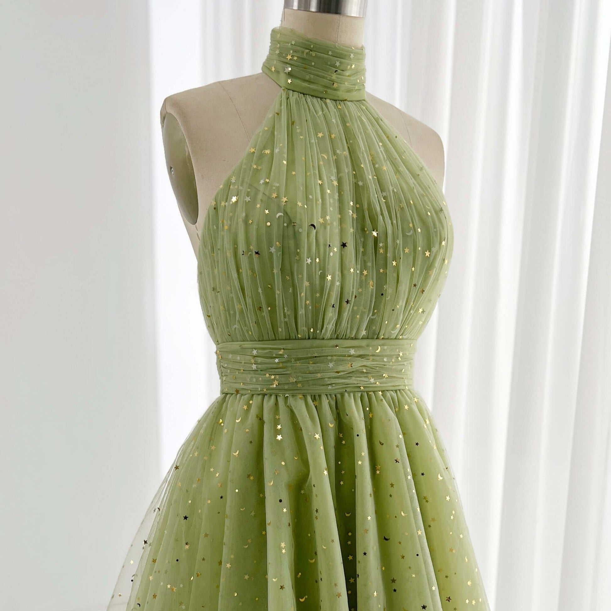Green Halter Neck Homecoming Dresses Starry Tulle Back to School Dress S24084-Homecoming Dresses 2025 -Viniodress-Green-Custom Size-