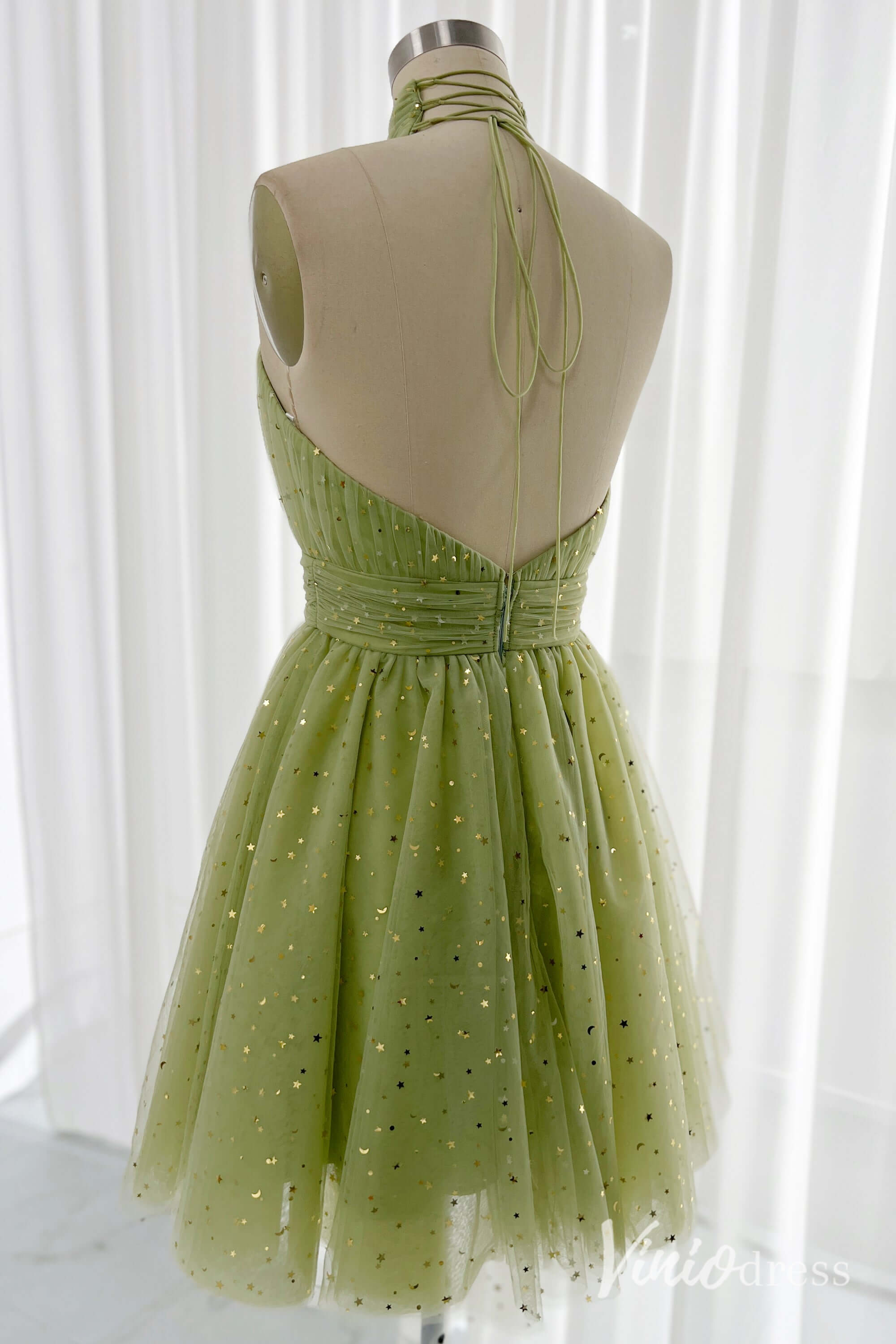 Green Halter Neck Homecoming Dresses Starry Tulle Back to School Dress S24084-Homecoming Dresses-Viniodress-Viniodress