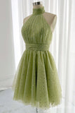 Green Halter Neck Homecoming Dresses Starry Tulle Back to School Dress S24084-Homecoming Dresses-Viniodress-Viniodress