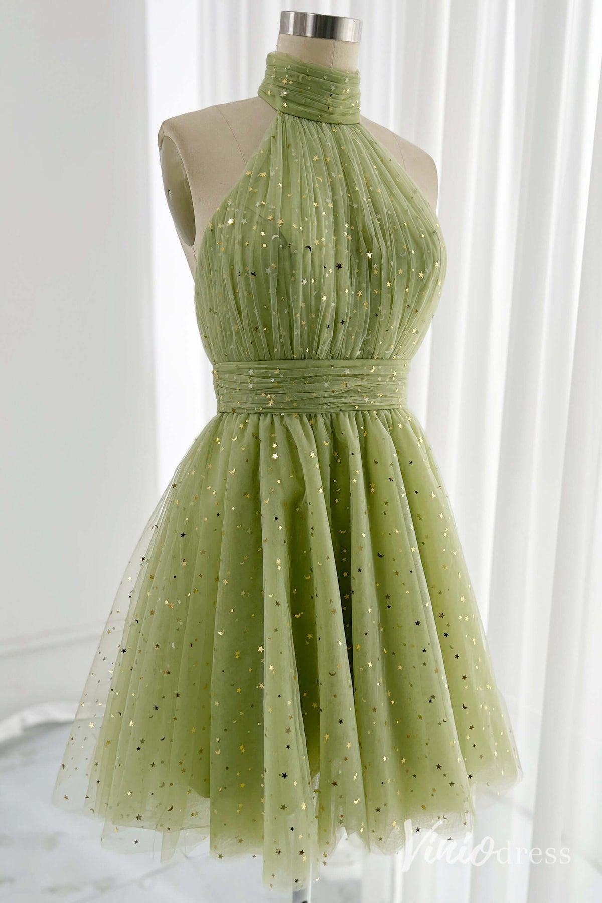 Green Halter Neck Homecoming Dresses Starry Tulle Back to School Dress S24084-Homecoming Dresses-Viniodress-Green-Custom Size-Viniodress