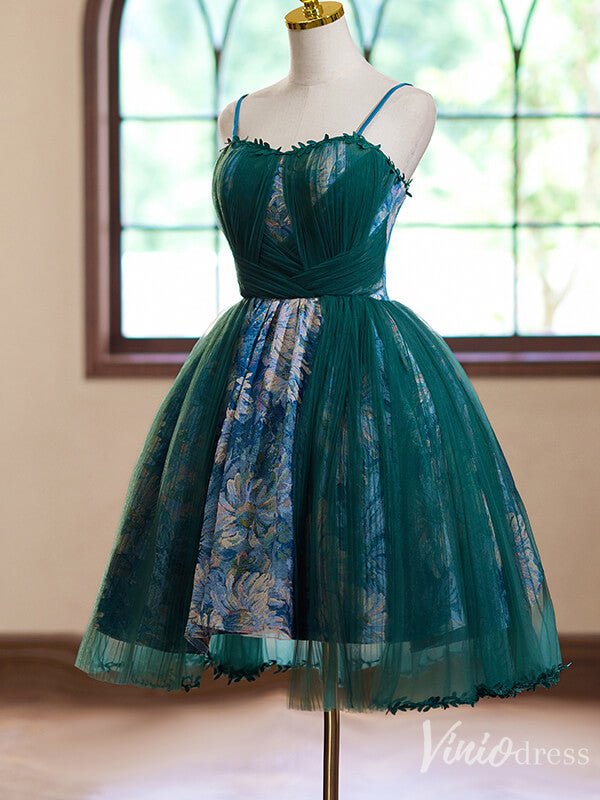 Green Jacquard Satin Homecoming Dress Spaghetti Strap Hoco 2024 Back to School Dress 8010-prom dresses 2025 -Viniodress-Green-Custom Size-