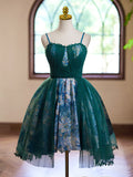 Green Jacquard Satin Homecoming Dress  Spaghetti Strap Hoco 2024 Back to School Dress 8010