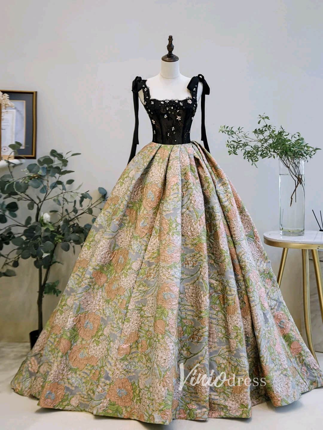 Green Jacquard Satin Prom Dresses Beaded Lace Princess Gown FD3440C - Viniodressprom dressesGreenCustom Size - Formal Dresses - Ball Gowns