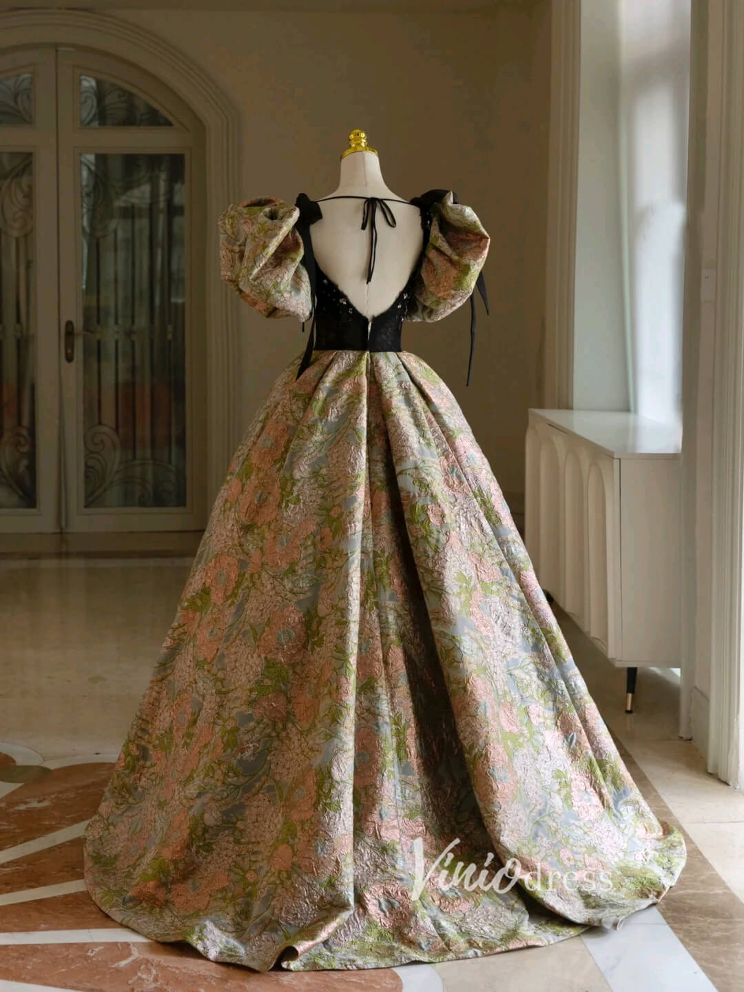 Green Jacquard Satin Prom Dresses Puffed Sleeve Formal Gown FD3440-prom dresses 2025 -Viniodress-Green-Custom Size-