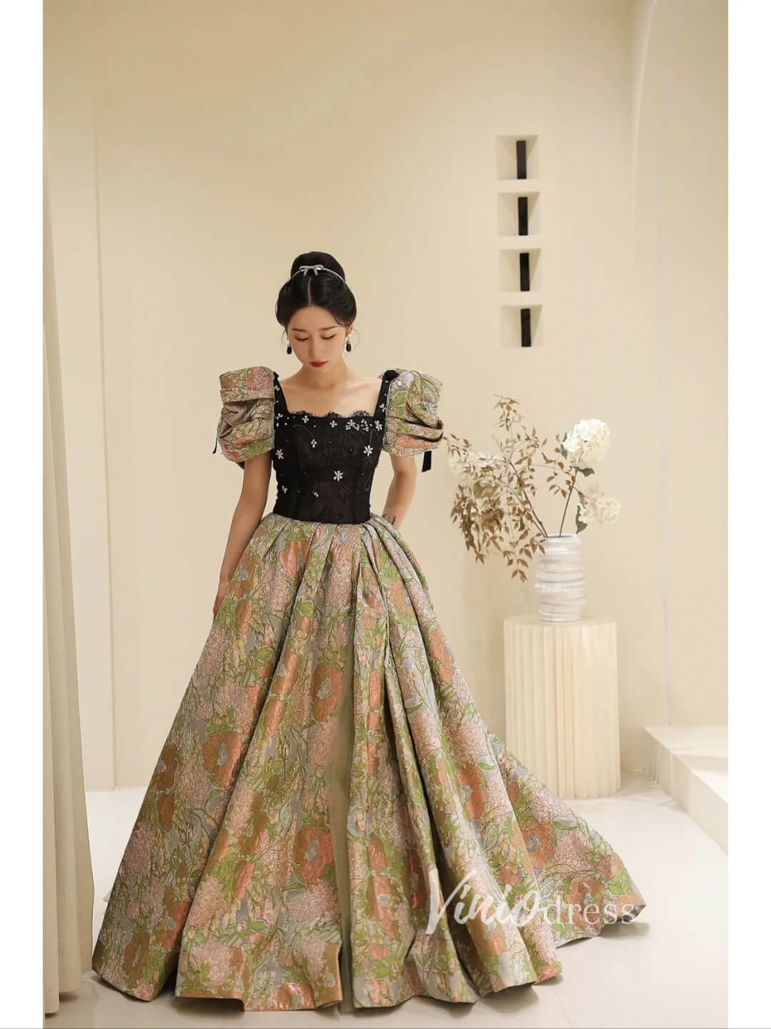 Green Jacquard Satin Prom Dresses Puffed Sleeve Formal Gown FD3440-prom dresses 2025 -Viniodress-Green-Custom Size-