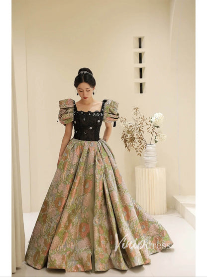 Green Jacquard Satin Prom Dresses Puffed Sleeve Formal Gown FD3440-prom dresses 2025 -Viniodress-Green-Custom Size-