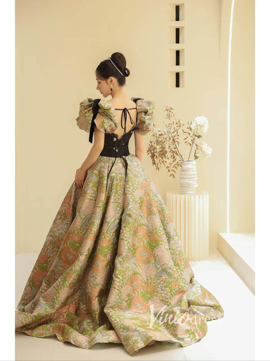 Green Jacquard Satin Prom Dresses Puffed Sleeve Formal Gown FD3440-prom dresses 2025 -Viniodress-Green-Custom Size-