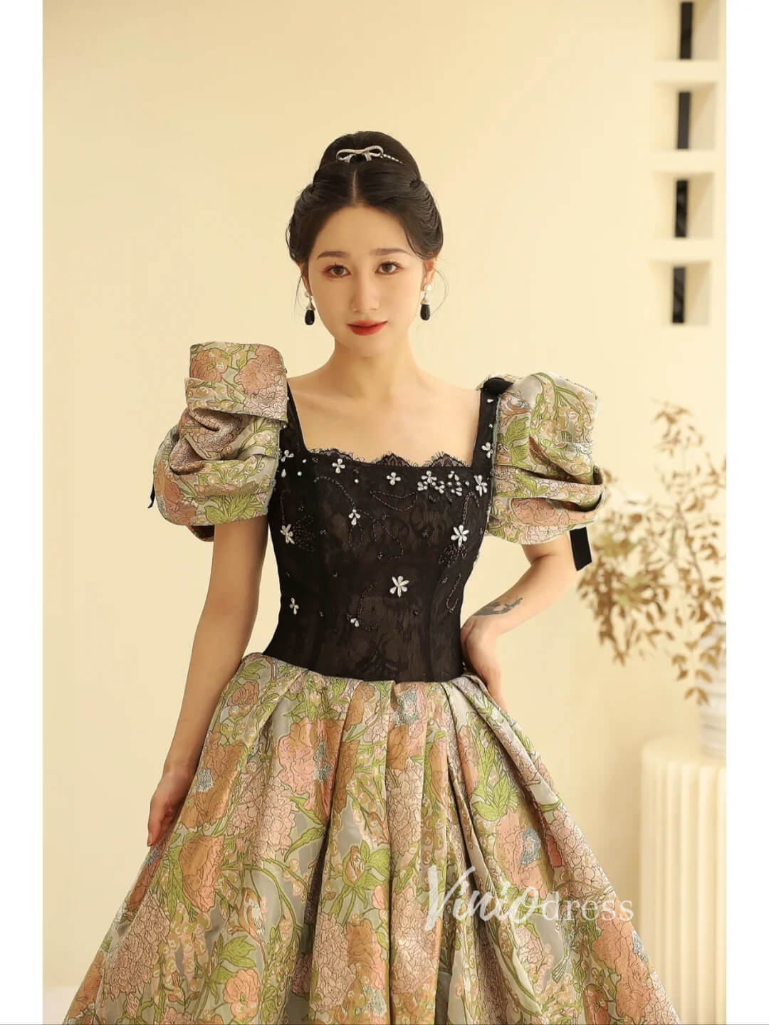 Green Jacquard Satin Prom Dresses Puffed Sleeve Formal Gown FD3440-prom dresses 2025 -Viniodress-Green-Custom Size-